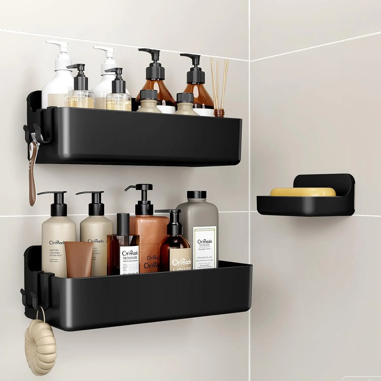 

3-Pack No-Drill Adhesive Shower Caddy with 4 Hooks, Rustproof ABS Plastic Bathroom Storage Organizer Set in Black