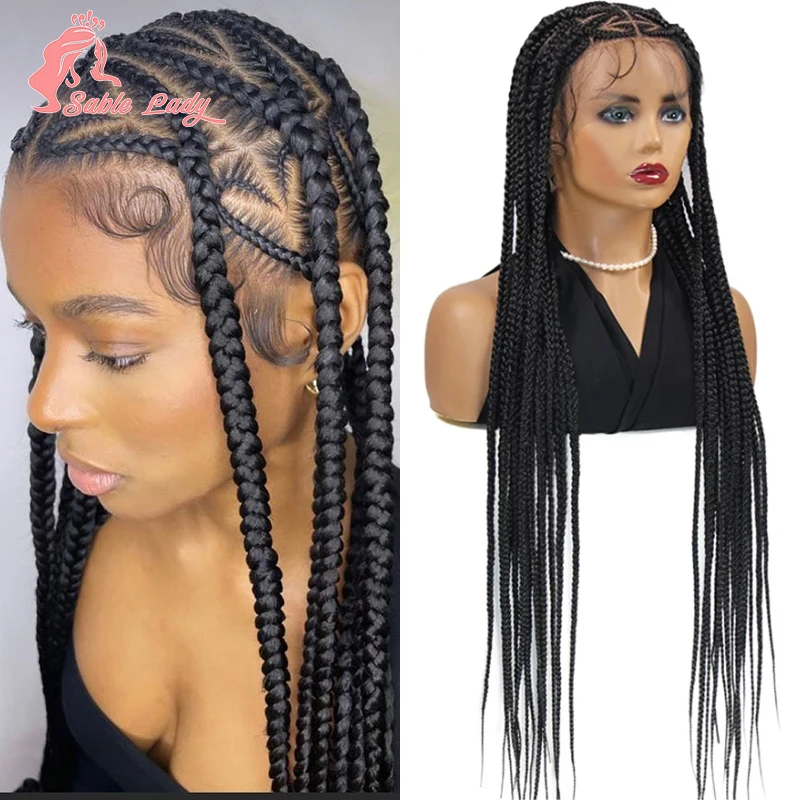 

36" Synthetic Full Lace Braided Wigs Braids Hair Wig Heart Knotless Braided Wig For Black Women Box Cornrow Braid Wig Sable Lady