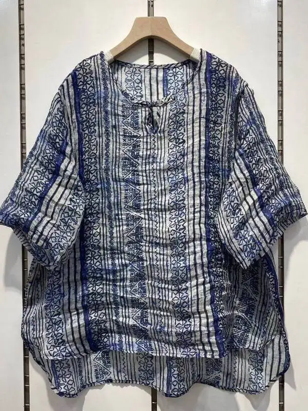 

Retro Tie Dye Print Midi Shirt Women's Loose plus Size Slimming Cotton Regular Sleeve round Neck Casual Style Summer New Arri...