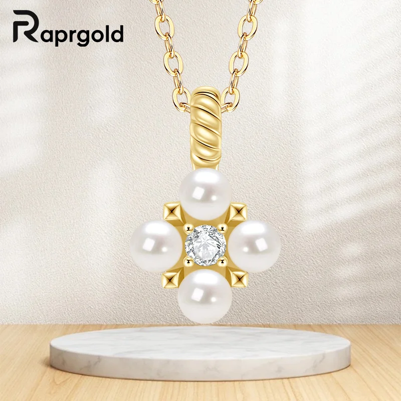

RAPRGOLD Natural Fresh Water Pearl Clover Pendant Necklace For Women Real 925 Sterling Silver Moissanite Chain Fine Jewelry Gift