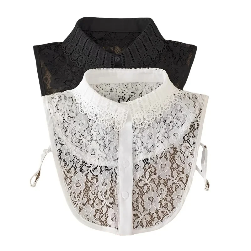 女性の刺繍ブラウス、取り外し可能なフェイクカラー付き、ホワイト/ブラックの花柄/レースハーフシャツ、レディースファッショントップ装飾