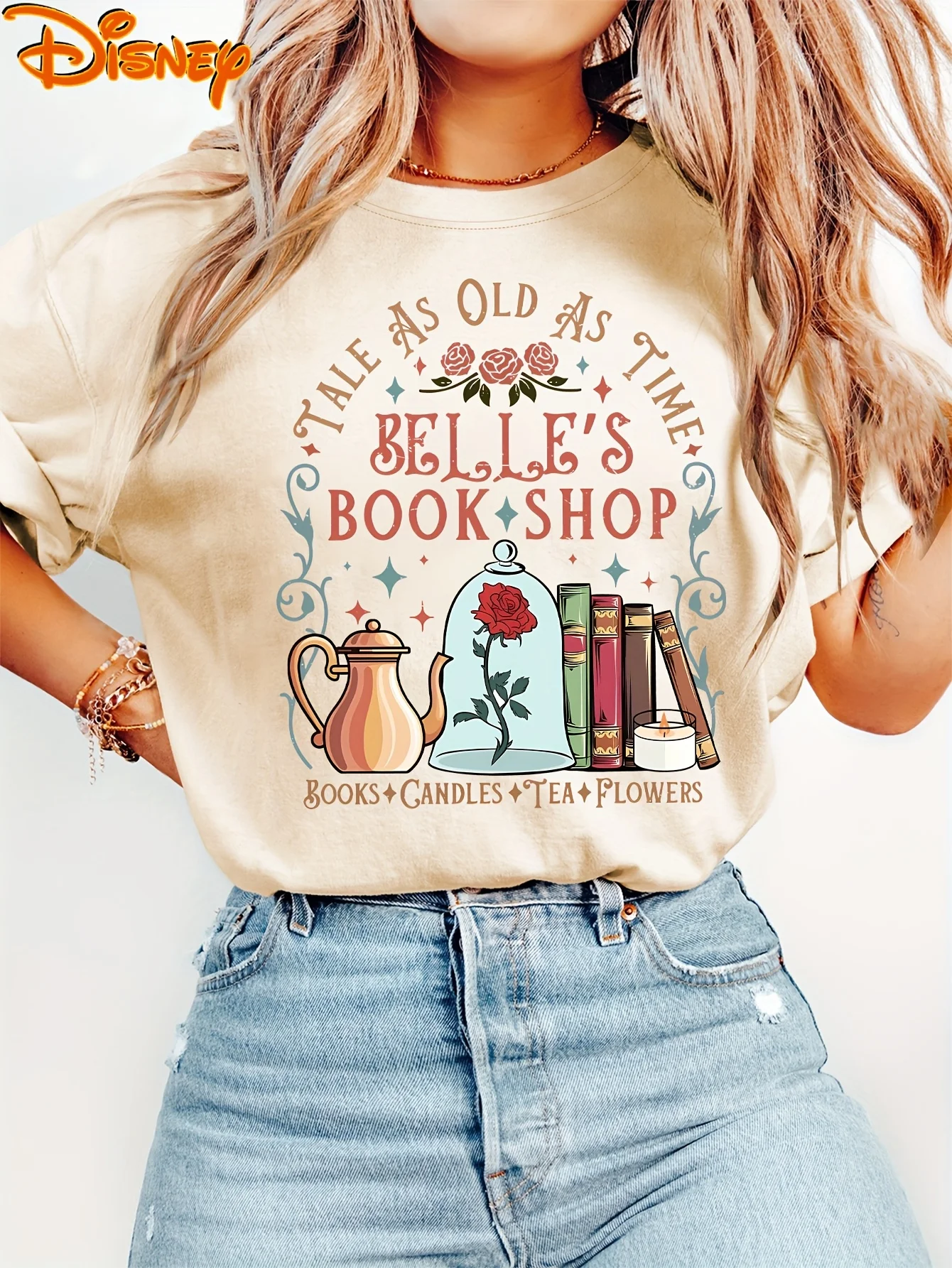 Koszulki męskie i damskie Disney Belle Bookstore - z nadrukiem i różowym szklanym zegarem, krótki rękaw, sportowe i rekreacyjne