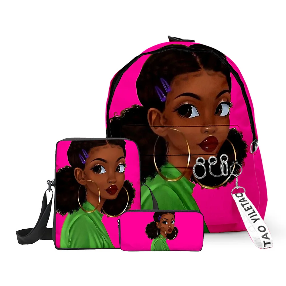 Hip Hop Youthful African girl 3D Print 3pcs/Set Children Pupil Travel bags Key Chain Small Backpack Shoulder Bag Pencil Case