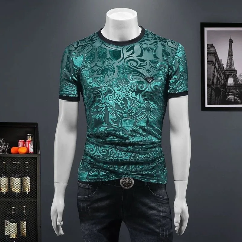 

2024 European Premium Jacquard T-shirt Men's Fashion Brand Summer Fashion Badge Casual Short Sleeve Cutout Undershirt