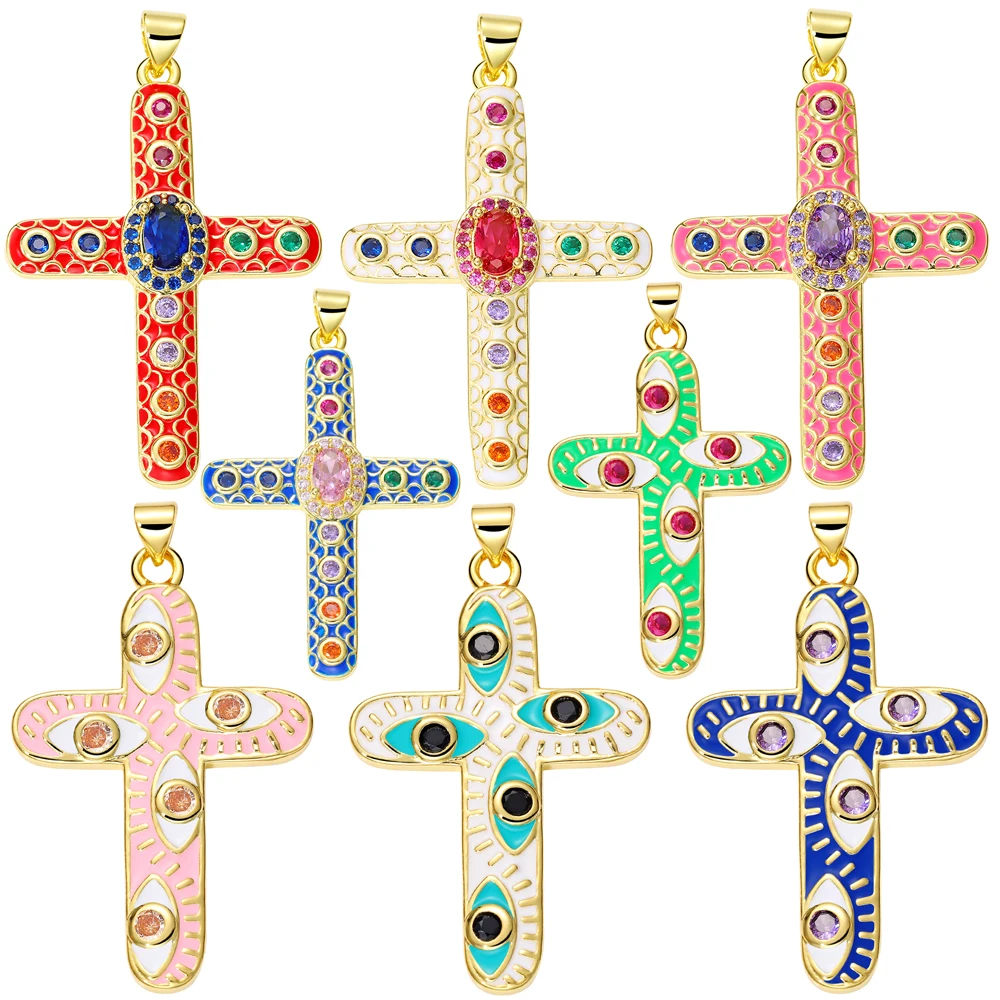 Juya Handmade Colorful Enamel Cross Pendants Wholesale DIY Decoration 18K Gold Plated Christian Evil Eye Crosses Charms Supplies