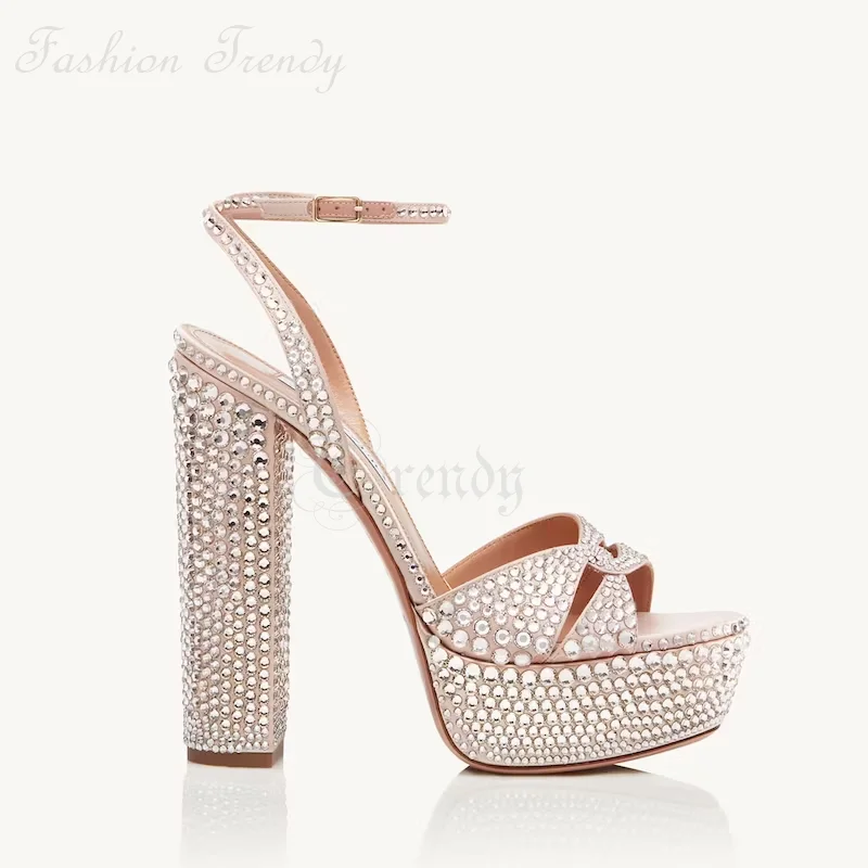 Light Skin Tone Crystal Chunky Heels Women Open Sandal Green Suede Silver Sequined Pump Square Light Buckle Elegant Wedding Shoe