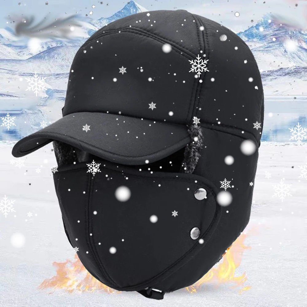 Winter Windproof Fleece Cycling Cap Running Skating Skiing Motocycle Riding Fishing Hat with Removable Face Mask Warm Headwear