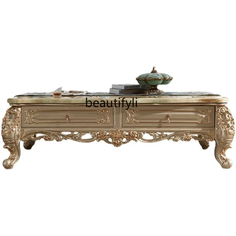 

European Style Living Room Crown Coffee Table Golden Solid Wood Carved European Style Marble Coffee Table Villa Furniture