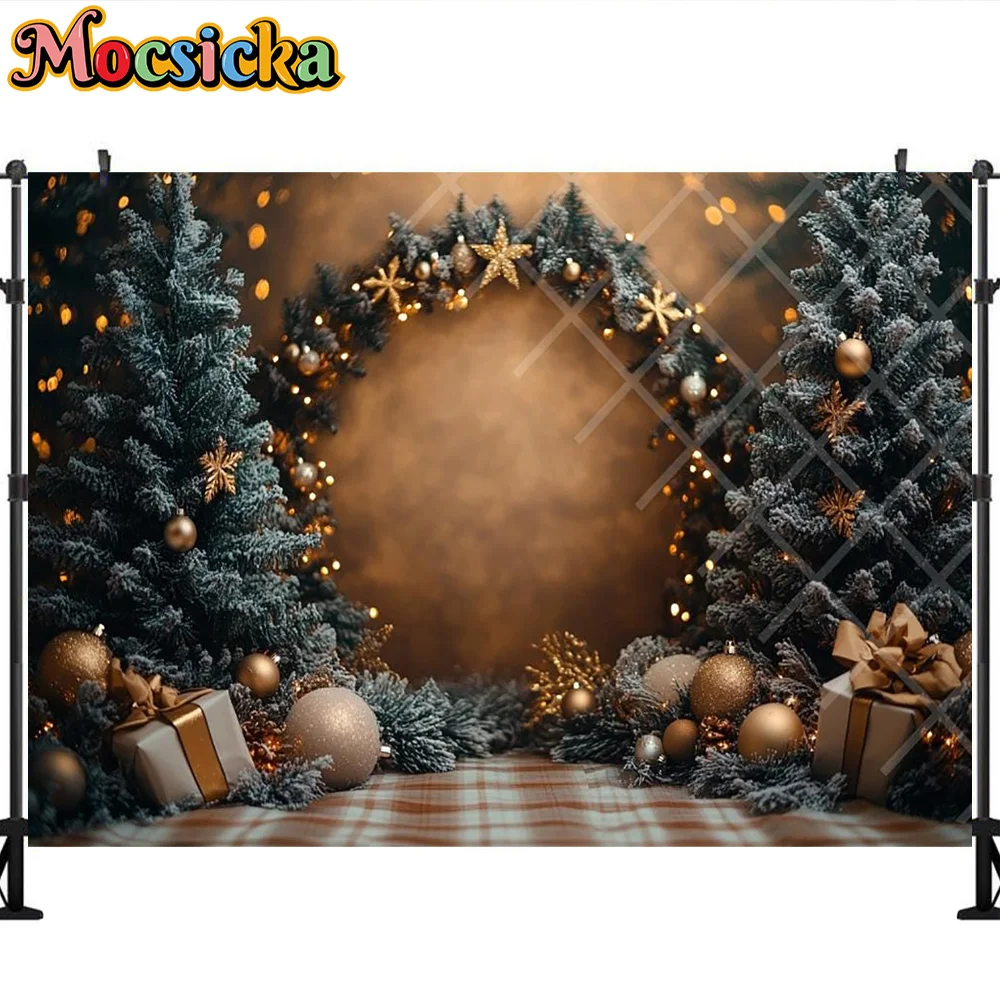 Mocsicka fotografia pano de fundo árvore de natal grinalda presente decoração do quarto família natal feriado retrato fundo para fotografia