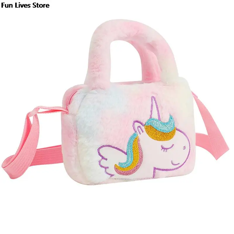 Cartoon Unicorn Plush Handbags Mini Kids Totes Handle Bag Cute Animal Princess Crossbody Bags Girls Furry Fur Shoulder Purse