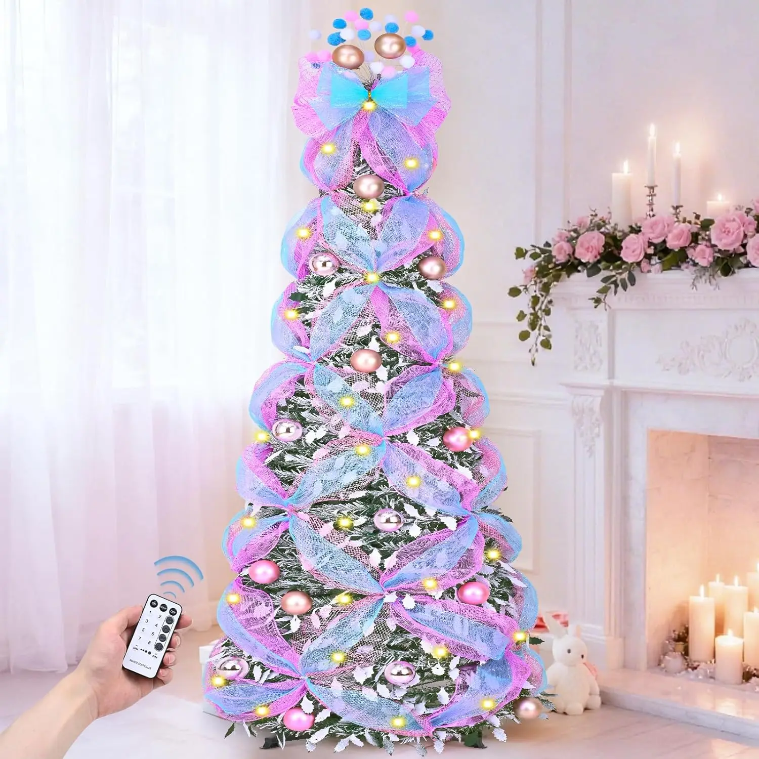 

6FT Pop Up Christmas Tree with 180 Warm Lights, Silver, Foldable, Flocked, Fully Decorated, 66PCS Ornaments for Indoor Outdoor U