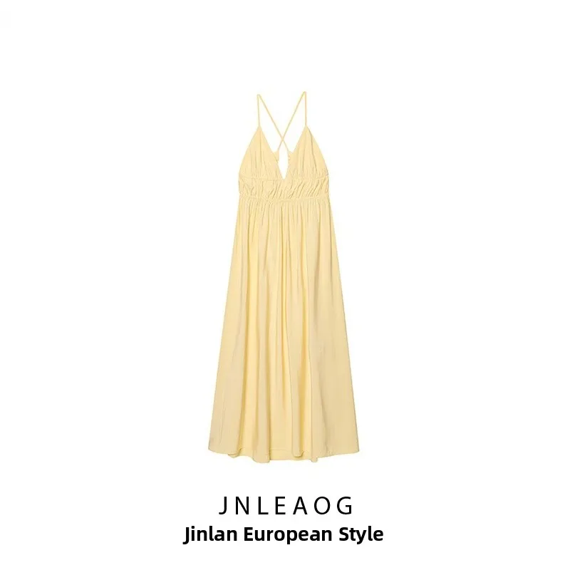 Ele V-ne Midi Dr JNLEAOG Women's Faion Autumn New Arrival Draped Strapl Dr High Waist Polyester Fiber