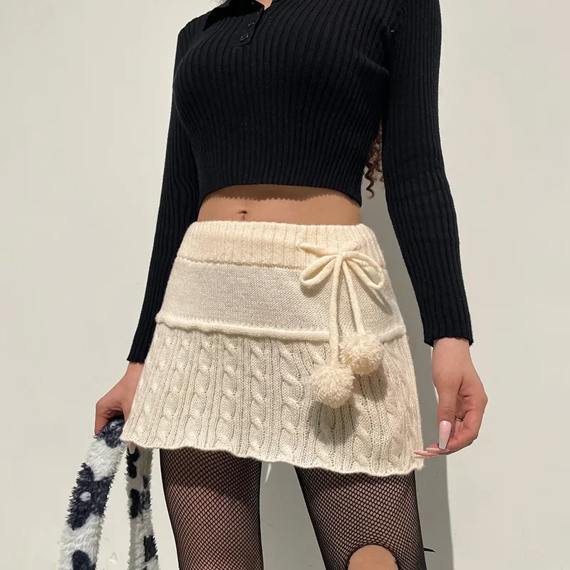 2024 Women's Casual Versatile Plush Ball Decorative Short Skirt Lace Up Hook Flower Hollow A-line Skirt Solid Color Mini Skirt