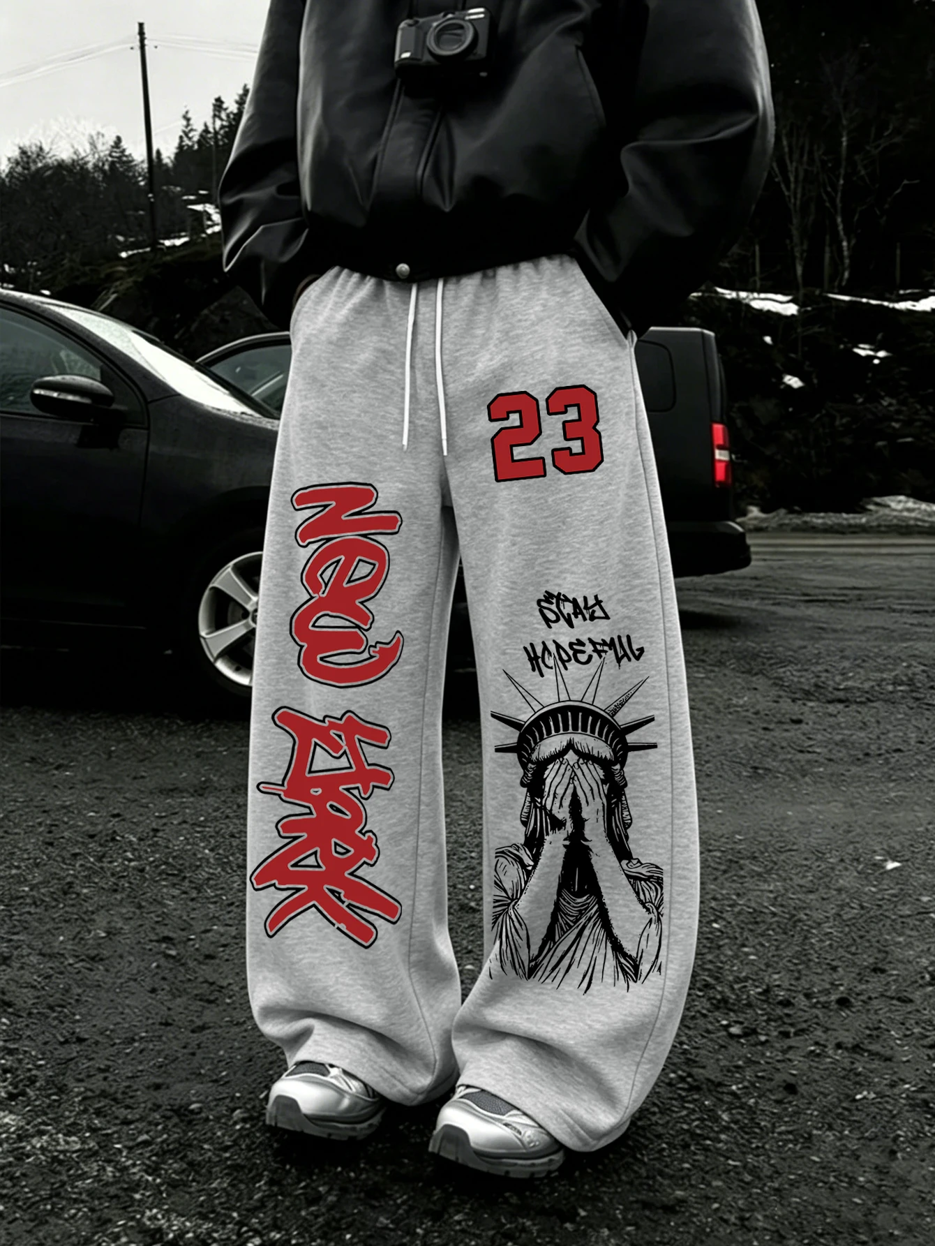 Men Baggy Sweatpants, Vintage US Statue Liberty Graffiti Number 23 Asymmetrical Double‑Side Print Drawstring Loose WideLegJogger