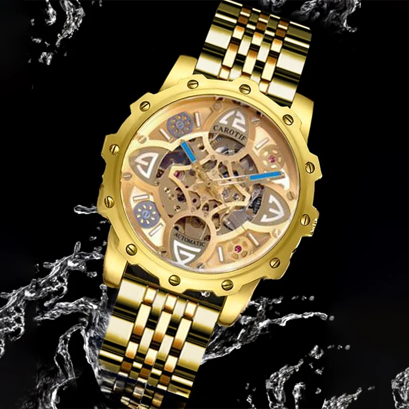 A men's gold steel band luxurious casual four-leaf clover stud fully automatic mechanical watch