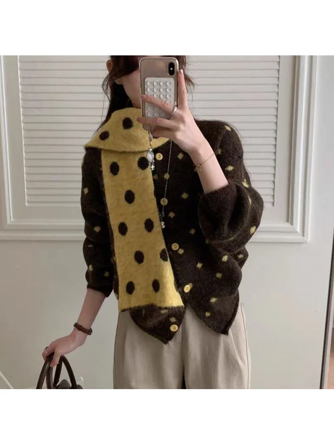 Women's Winter Loose Fit Chic Sweater Soft Cozy round Neck Polka Dot Top Warmth Versatile with Scarf Polyester Fiber Cardigan