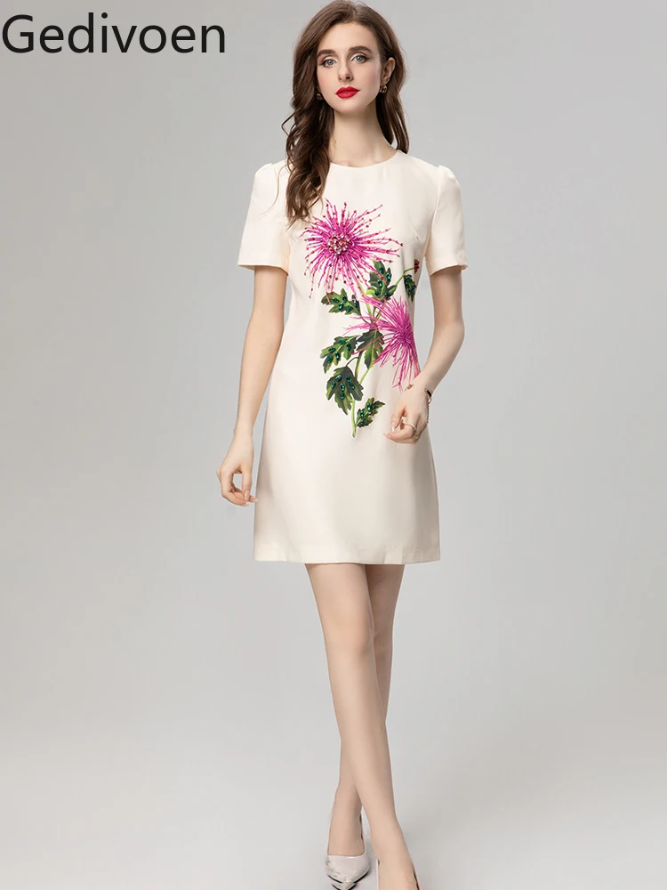 

Gedivoen Fashion Designer Summer Women's Dresses O-Neck Collar Floral Embroidery Embroidered Flares Office Lady A-LINE Dress