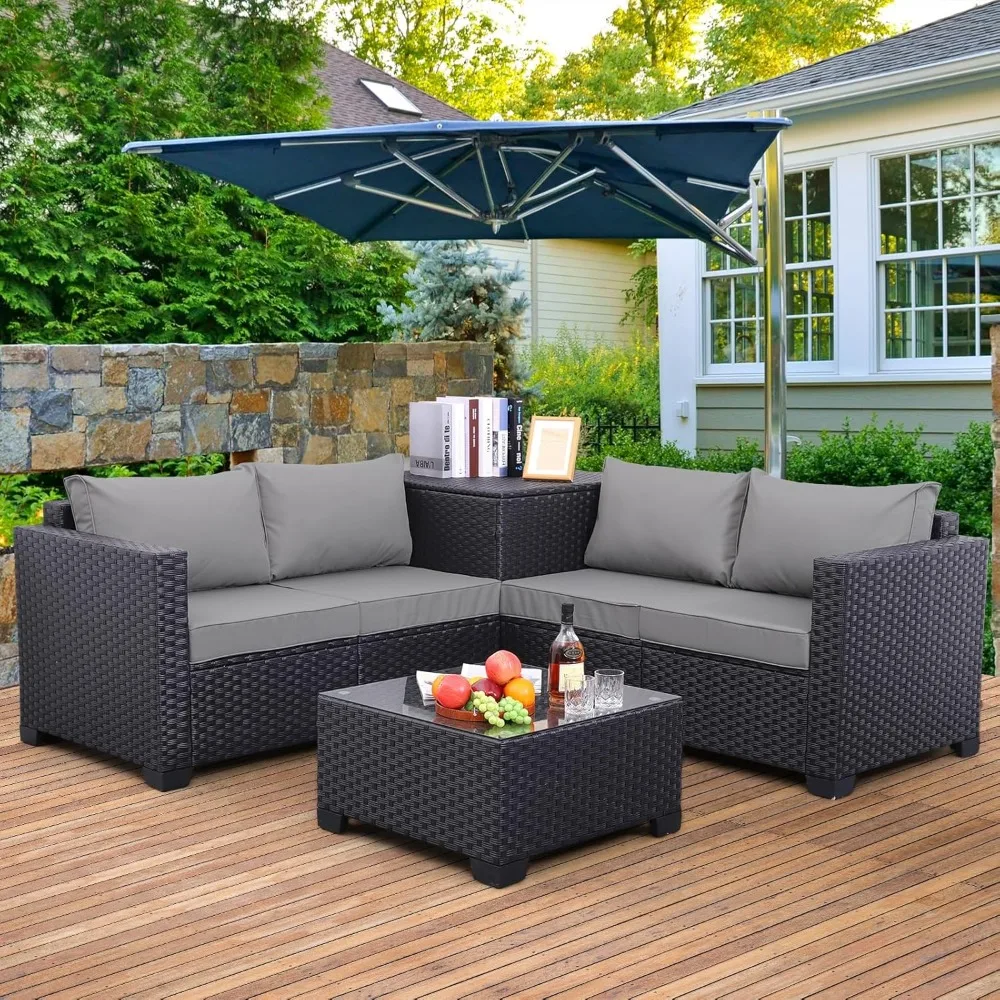 PE Wicker Patio Furniture Set 4 Piece Rattan Sectional Loveseat Couch Set with Storage Box Glass Top Table and Non-Slip Cushion