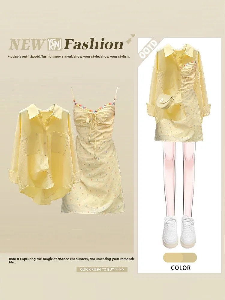 

Loose Long Sve Yellow irt Women's Faion Casual Dr Belted Splice Wrap around Skirt Two Piece Set Autumn New Sle