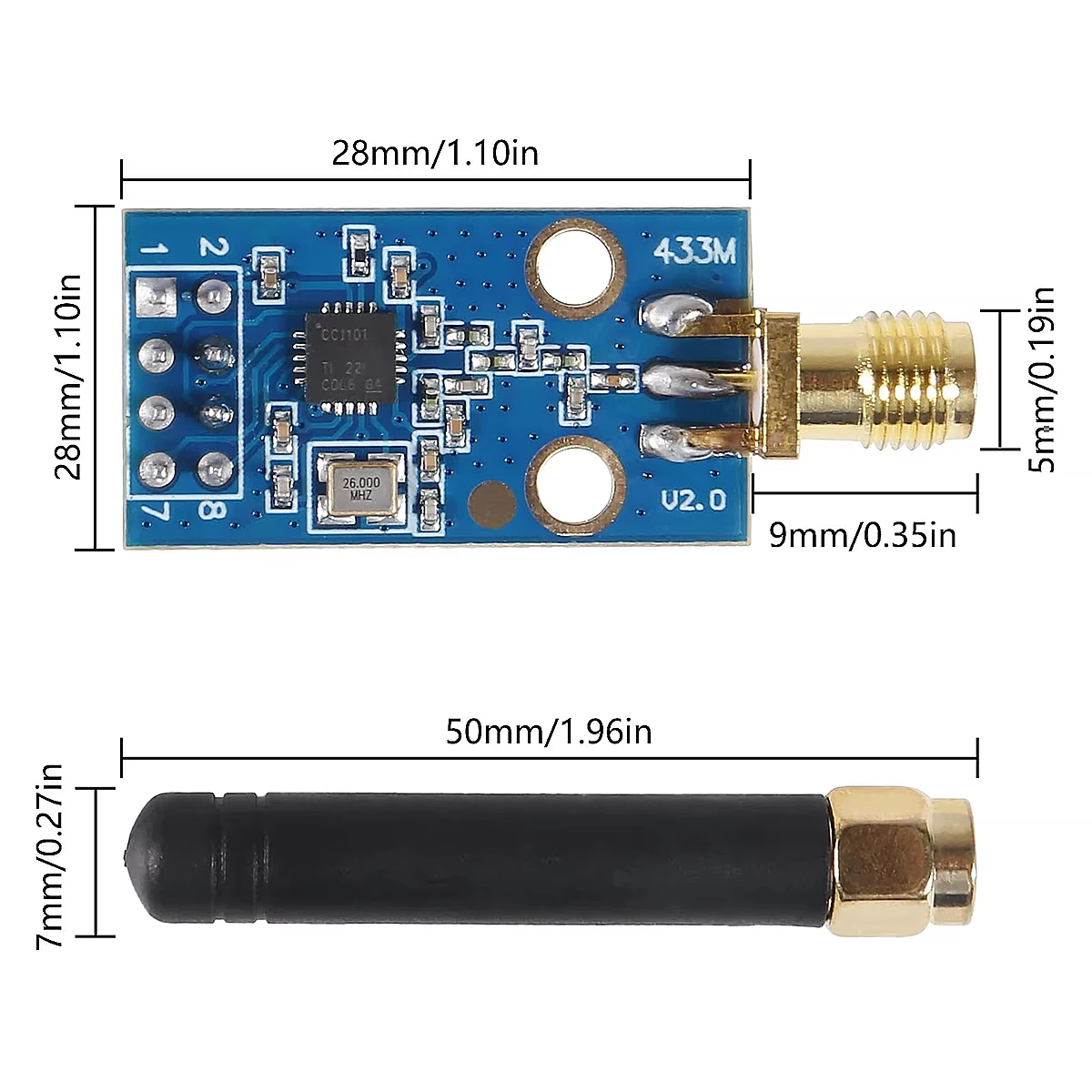 CC1101 433MHz Wireless Transceiver Module, SMA Antenna / Copper Spring Antenna for Data Transmission