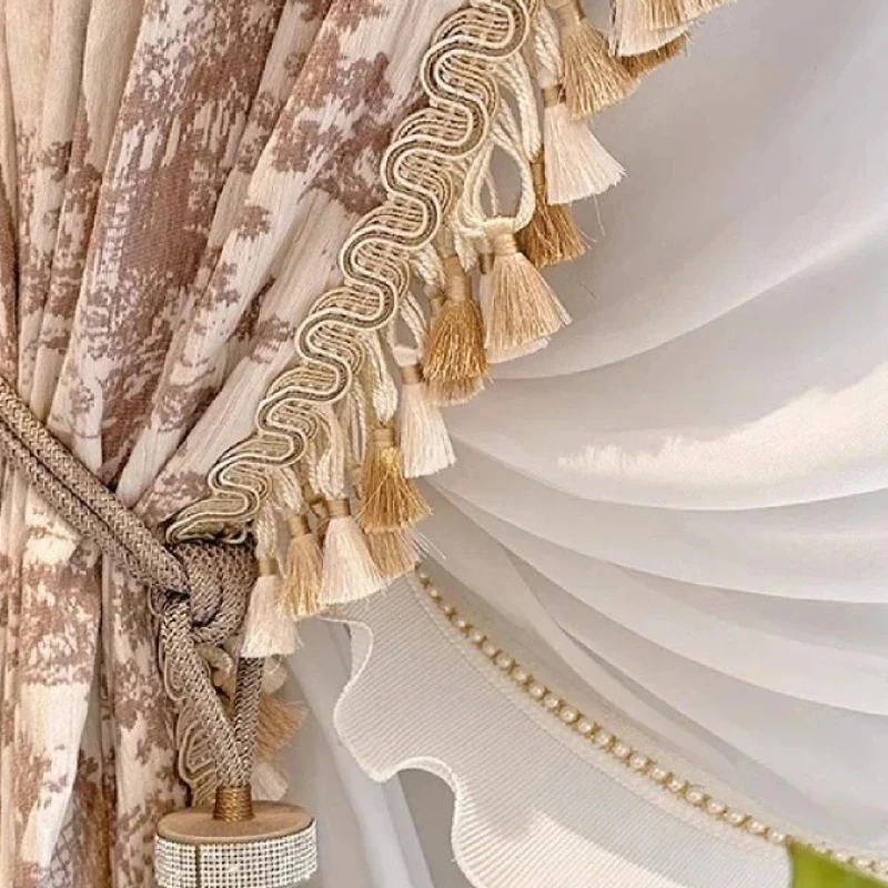 Custom Size!Retro European Jacquard Window Curtains with Tassel Lace & Crimped Design, Elegant Drapes for Living Bedroom Balcony