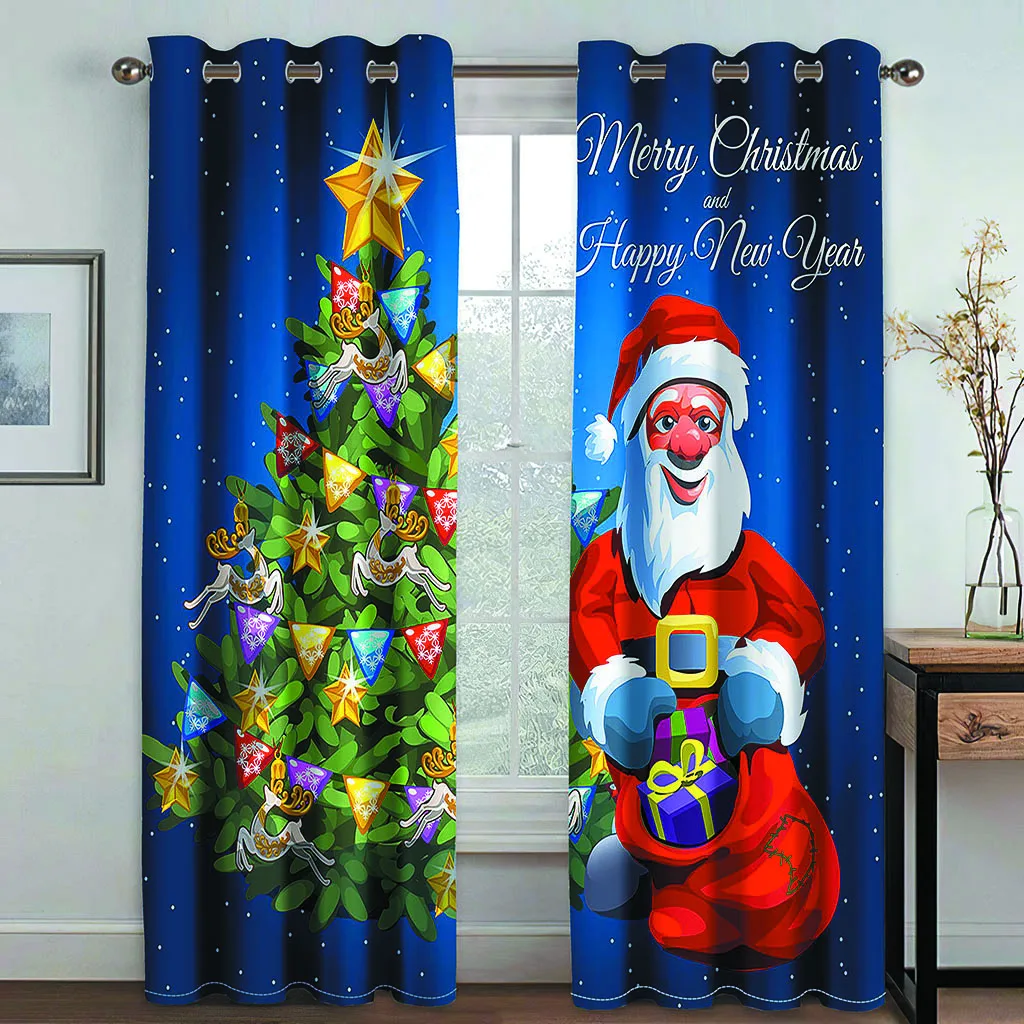 3d cheap Santa wagon Christmas gift Snowflake Elk Blue 2 thin shade curtains living room bedroom decorative hooks