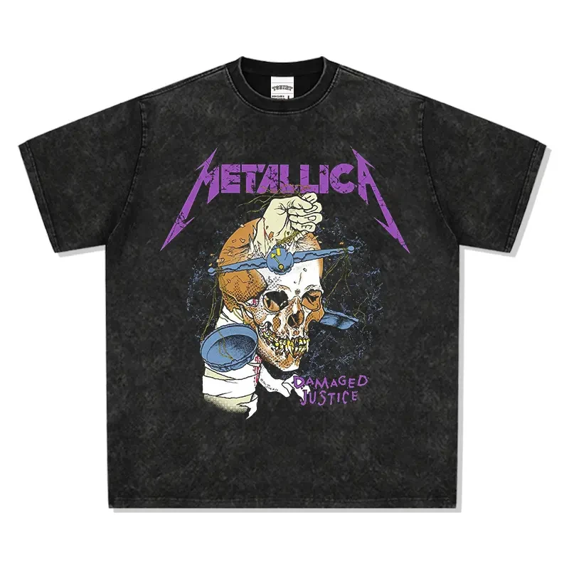 

2025 Retro Hip-hop Original METALLICA Skull Print High Street Short-sleeved T-shirt Washed and Trendy