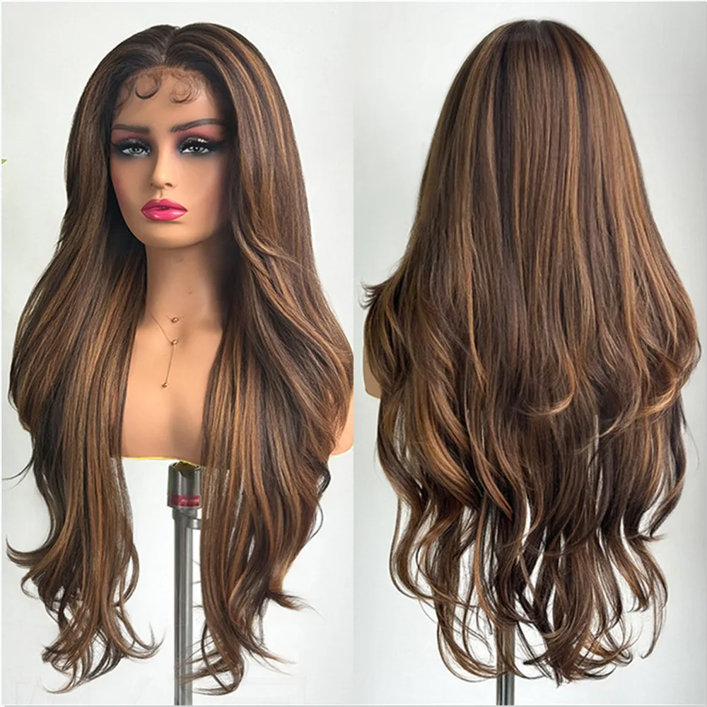 ALAN EATON 13*6 Synthetic Lace Wigs Dark Brown Highlight Wig for Women Natural Looking Lace Front Wig with Baby Hair Daily Party