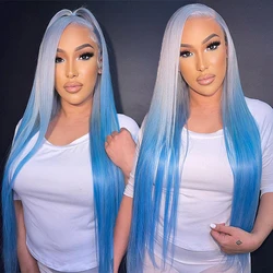 Ombre blue Human hair 360 lace frontal wigs for women gray roots straight HD Transparent 13x4 Lace Front Wigs brazilian hair