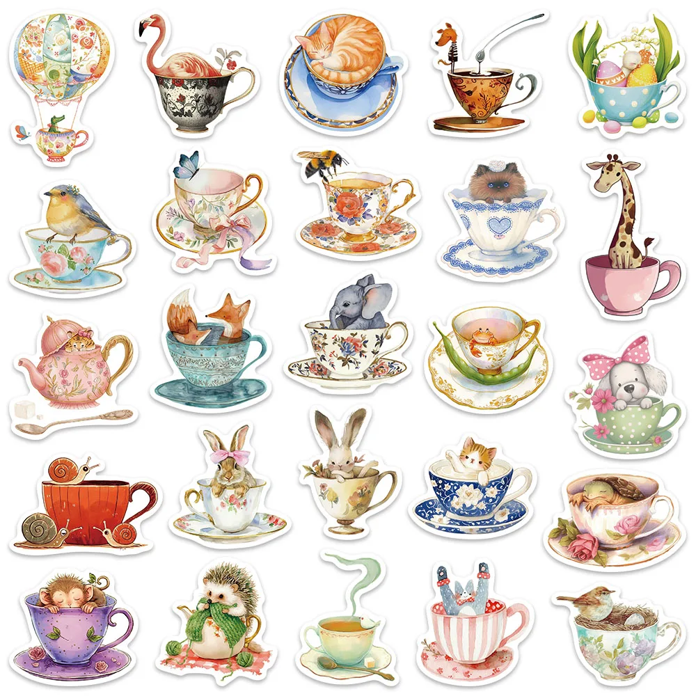 50pcs Cute Cartoon Aesthetic Teacup Animals Stickers Kis Water Bottle Decals Luggage Guitar Phone Laptop Vinyl Sticker