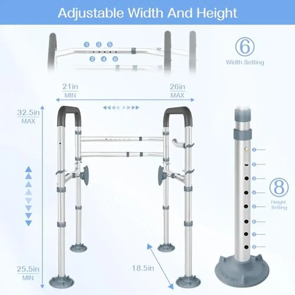 Adjustable Foldable Toilet Safety Rail with 350 LB Capacity Elderly and Disabled Stand Alone Bathroom Support Seniors Foldable