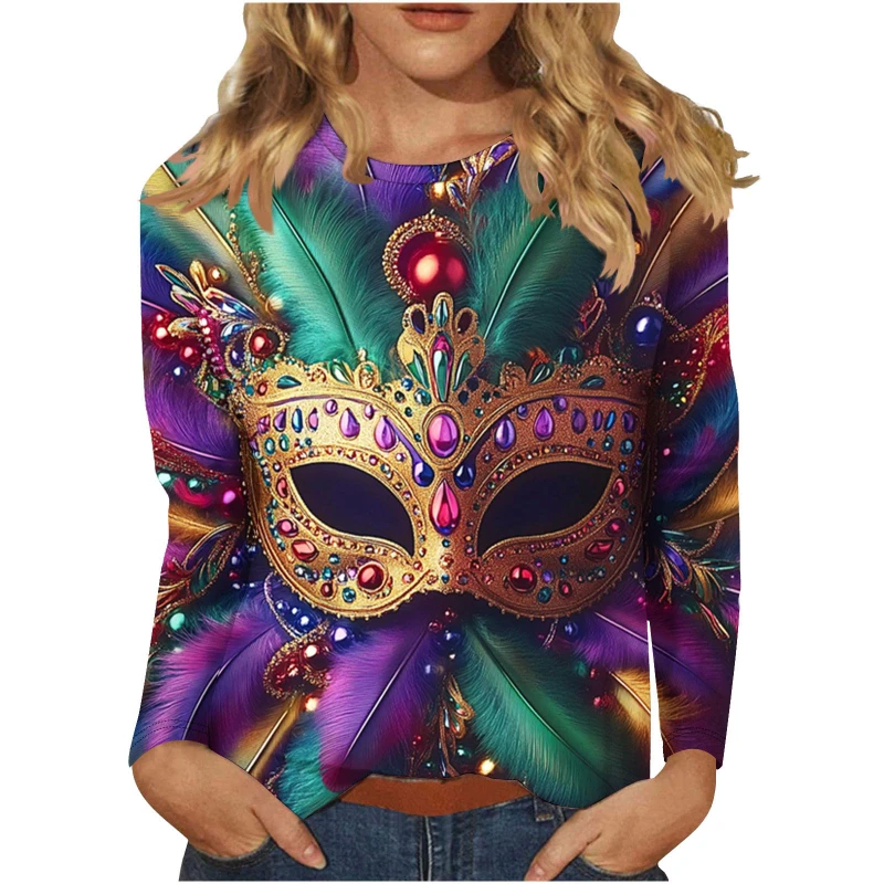 Mardi Gras Women Casual T-Shirts 3D Full Print Carnival Mask Party Clothes Pop Long Sleeve T Shirt Round Neck Oversized Tees Top