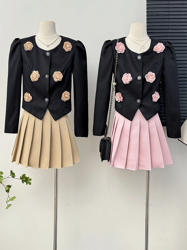 

Elegant Commuter 2-Piece Sets Autumn Winter Beaded 3D Flower Bubble Sleeve Short Coat High Waist A-Line Pleated Skirt Suit Women