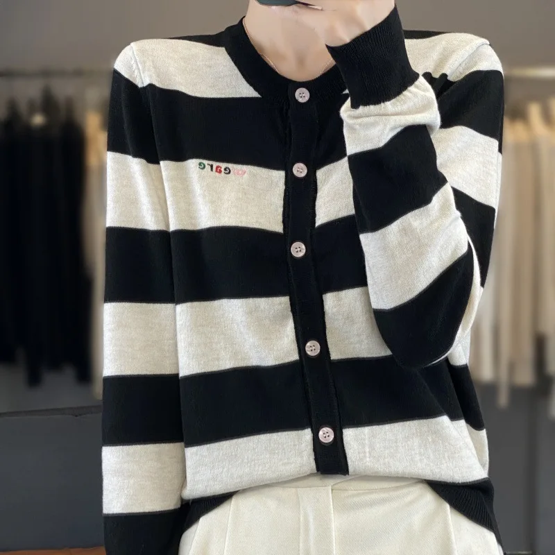 Embroidered Alphabet Embroidery Contrast Color Striped Niche Design Worsted Wool Cardigan Simple Daily Style Women's Coat