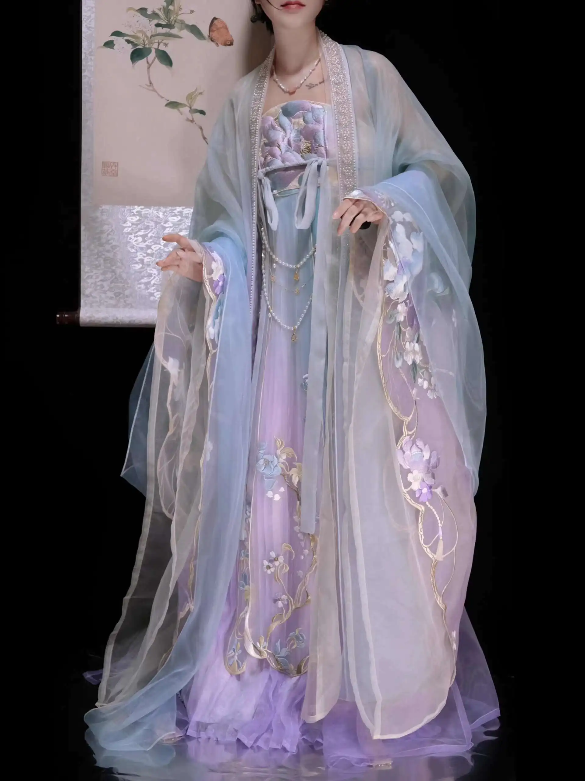 

Новый карнавал Хэллоуин Cos Косплей Hanfu Женская мода Синий Фиолетовый Вышивка Фея Ветер Рубашка с Большими Рукавами Юбка Костюм Фиесты