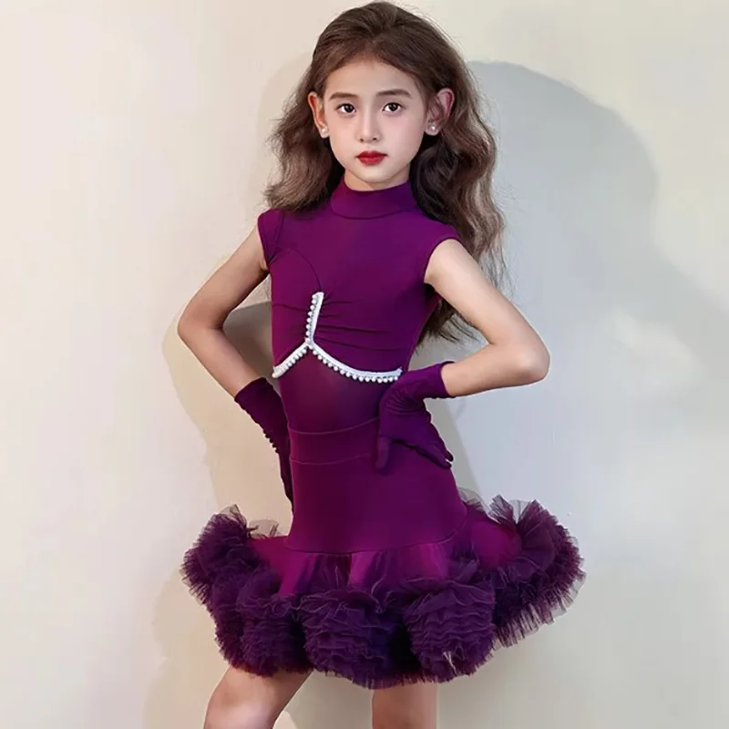

Kids Girls Latin Dance Dresses Mesh Sleeveless Bodysuit and Chiffon Tutu Skirt Dancewear Ballroom Training Competition Costume