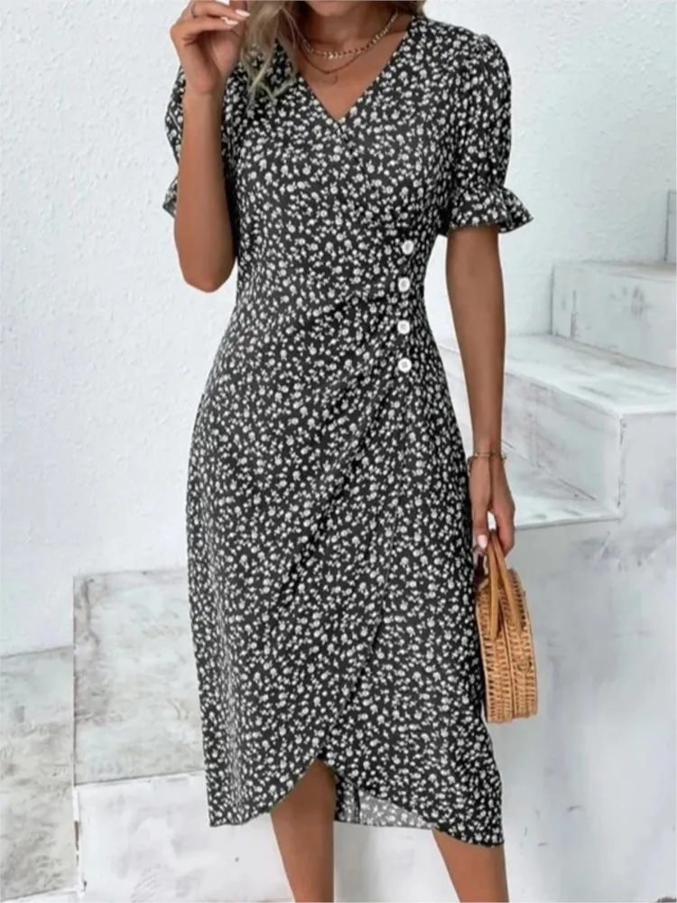 New Women\'s V-neck Floral Irregular Printed Dress Summer Fashion Short Sleeve Elegant Casual Female Office Party Dresses Robe