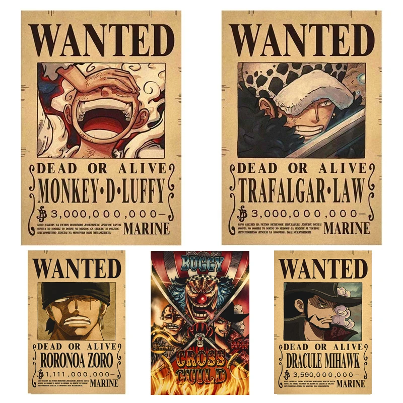 One Piece Luffy Gear 5 Nika Billion Bounty Wanted Posters Four Emperors Anime Action Figures Vintage Wall Decoration Poster Toys