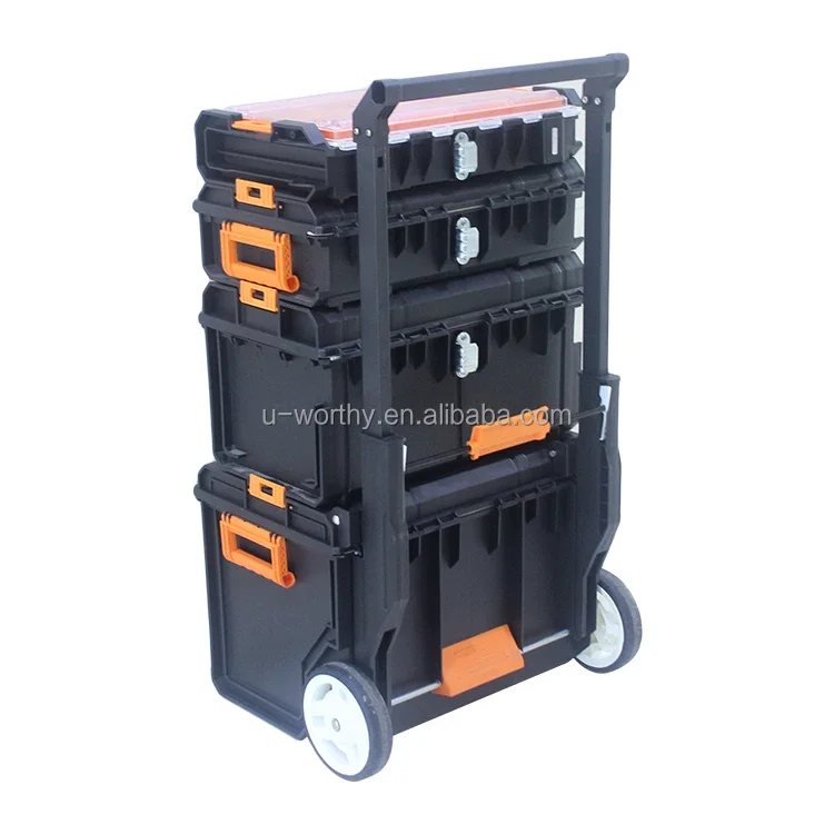 Professional Heavy Duty Four Layer Plastic Garage Trolley Tool Chest Stackable Workshop Storage Combo Tool Box Roller Cabinet