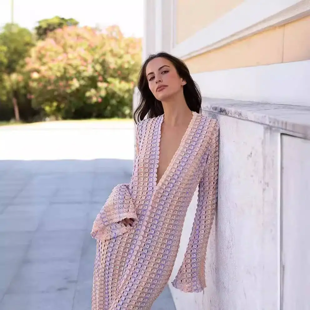 Crochet Colorful Stripe Maxi Dress Women Flare Sleeve V-Neck High Split Sexy Long Dresses 2025 New Summer Beach Banquet Vestidos