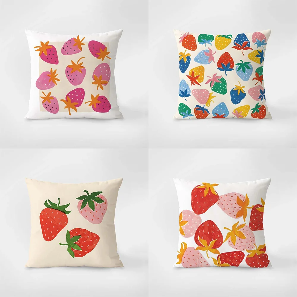 Colorful Strawberry Throw Pillow Covers, Cute Cartoon Fruit Print Cushion Cases, Sweet Kitchen Decor for Bedroom Living Room