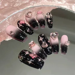 24pcs/box black press on nail tips 3D Heart Bow Rhinestone Y2k Long Ballet Fake Nails Full Cover Wearable Glossy DIY False Nails