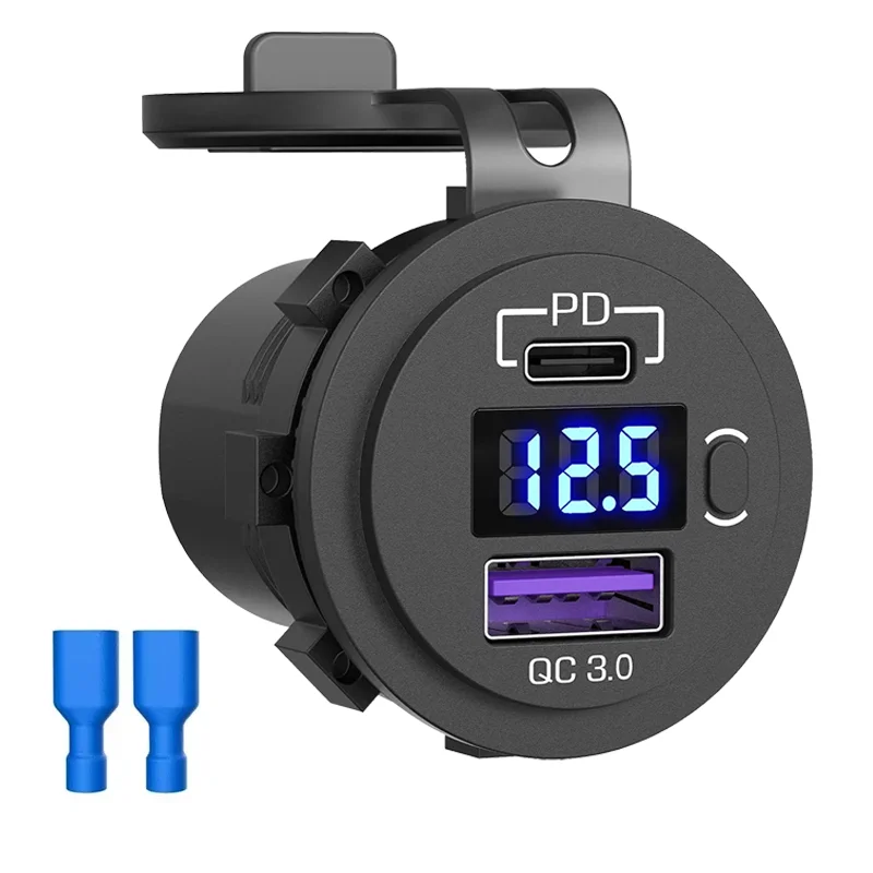 12V Car Fast Charger Power Socket QC3.0 and PD USB Port Car Charger Adapter with LED Voltmeter and On/Off Switch