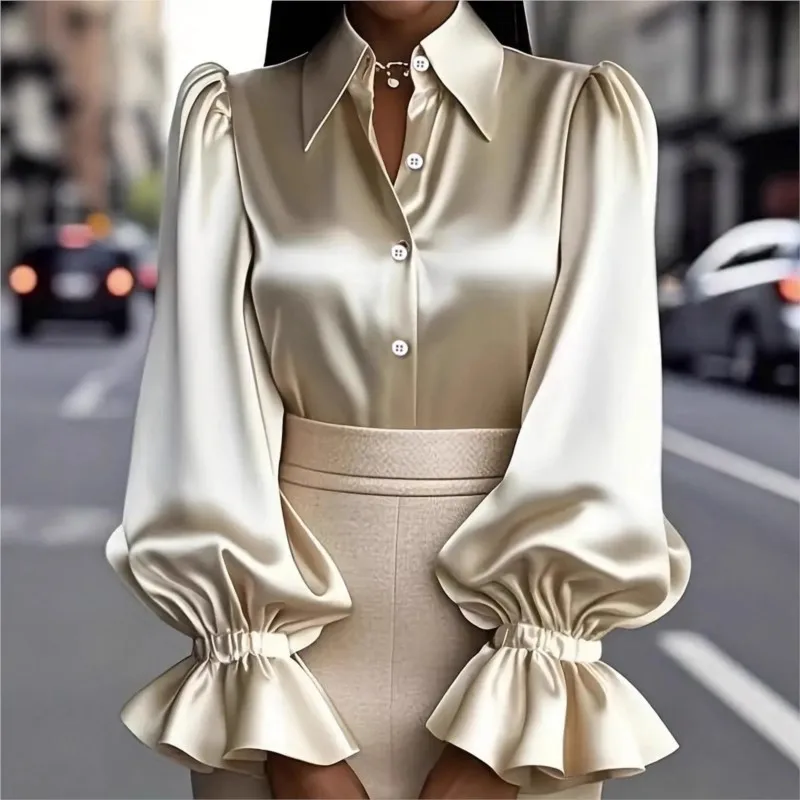 

Vintage Ruffles Stand Collar Shirt Women French Style Temperament Satin Flare Sleeve Button Shirts Autumn Winter Elegant Blouse
