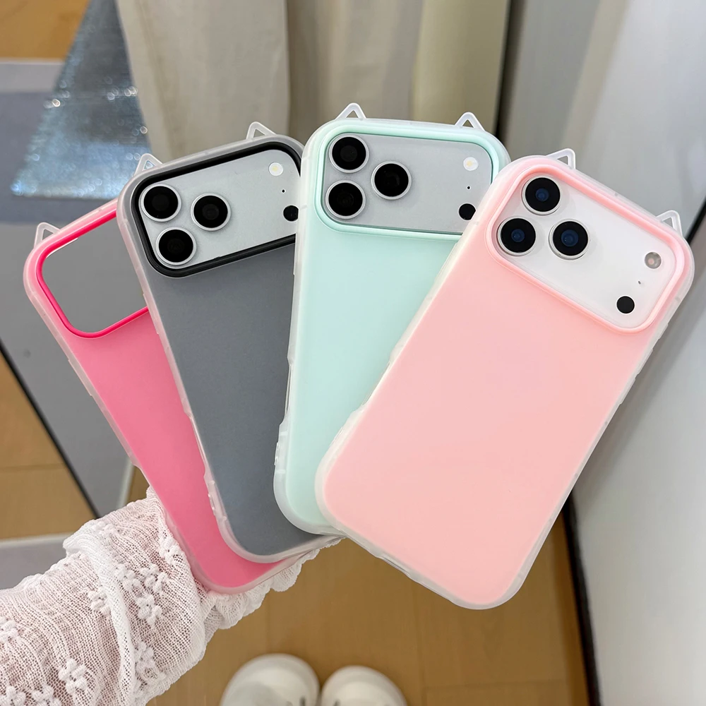 Coque de téléphone 3D avec oreilles de chat, bicolore, pour 17 16 15 14 13 12 11 Pro Max, coque de téléphone mate antichoc, Kawaii Macaron, anti-rayures