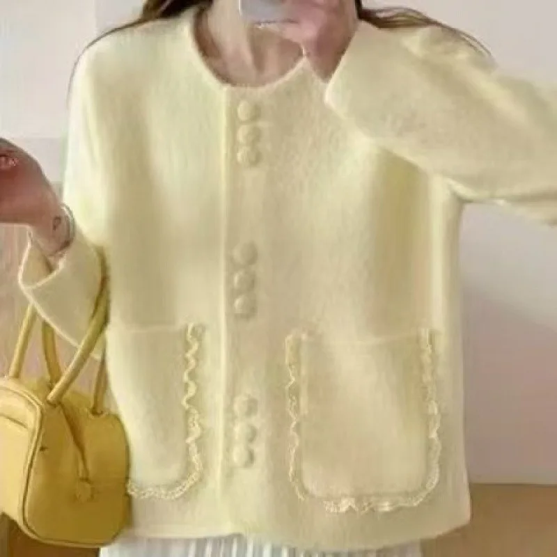 French Crew Neck Cardigan Spring Autumn New Niche Loose Short Imitation Mink Top Lazy Style Coat Women Elegant Sweater Jacket