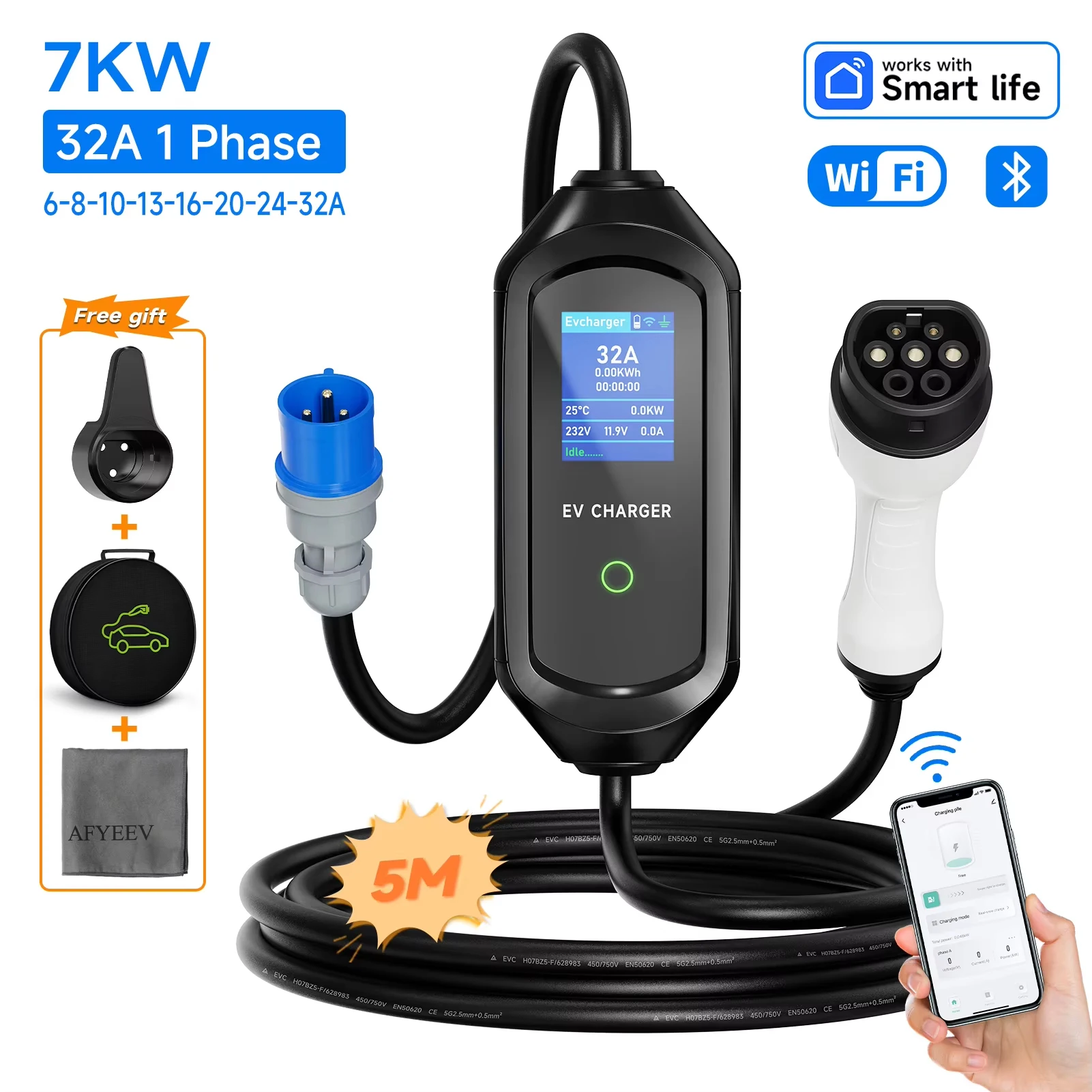 AFEEV 3.5/7KW Draagbare EV-oplader Type2 IEC62196-2 Elektrische autolader 16A EVSE Snelle oplaadkabel WiFi APP Bluetooth-bediening