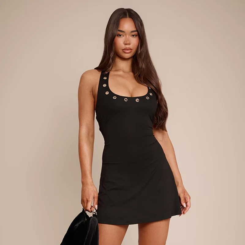 

TARUXY Sexy Openwork Neck Mounted Dress Women Stylish U Neck Backless Slim Sleeveless Tank Top Female Summer High Street Dress