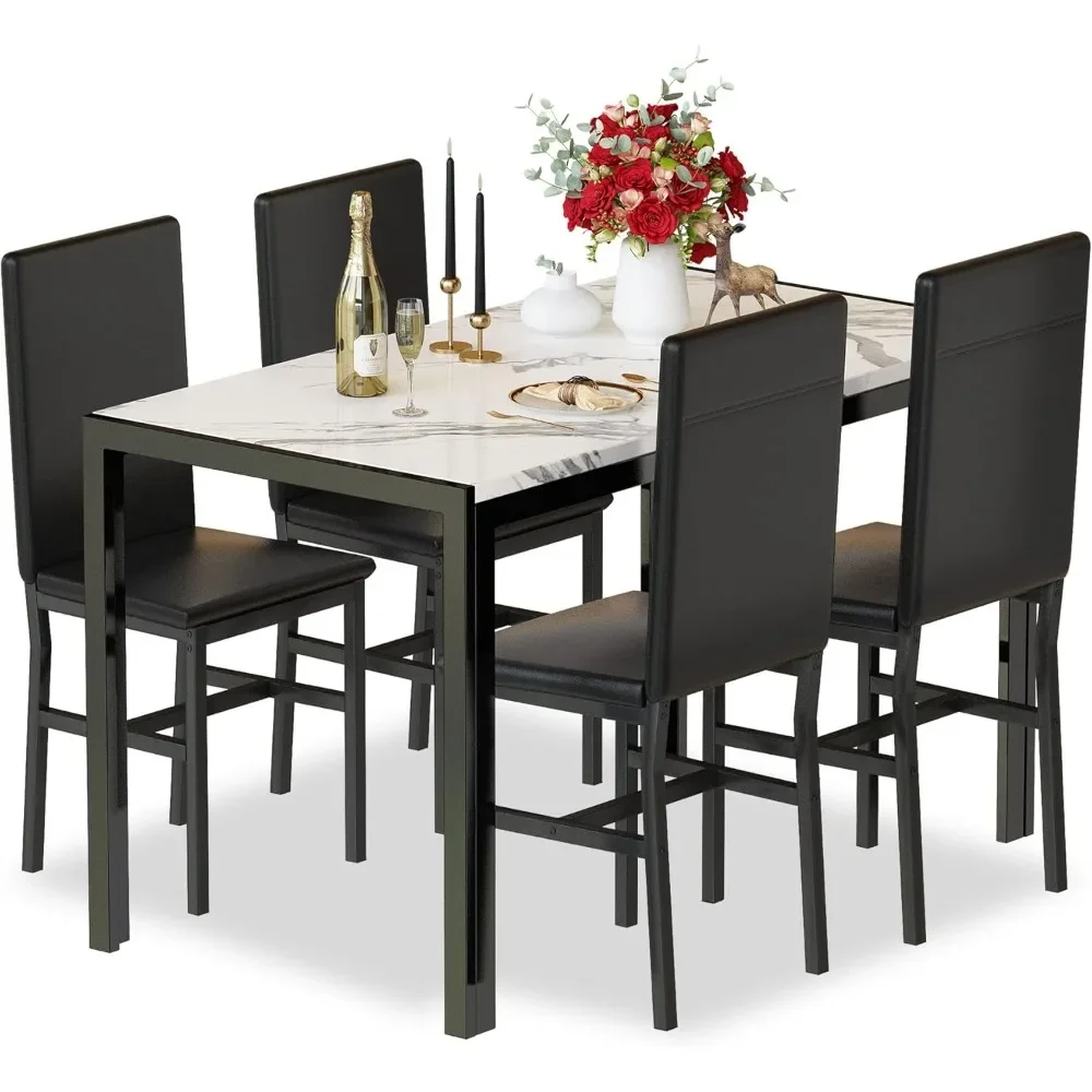 

Dining Table Set for 4- Space Saving Kitchen Table and Chairs for 4, Modern Style Faux Marble & 4 PU Leather , ,Brown&White