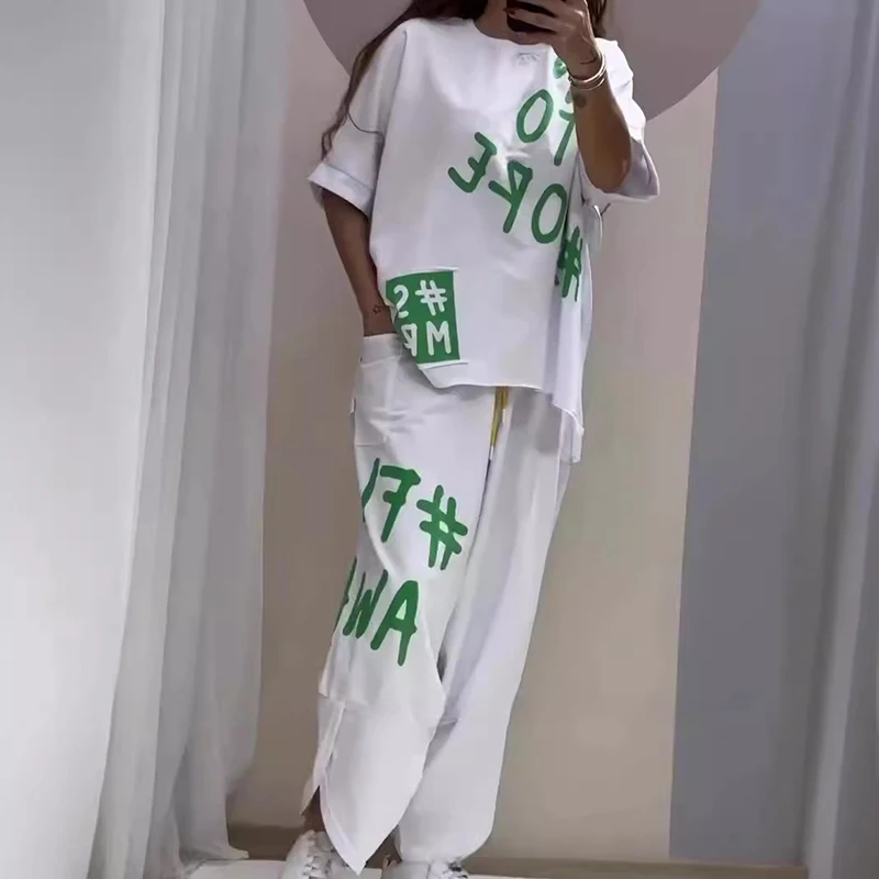 Spring Casual Letter Print Sport Set Women Sexy Round Neck T-shirt & Long Pants Outfits Summer Short Sleeve Loose Tracksuit Suit